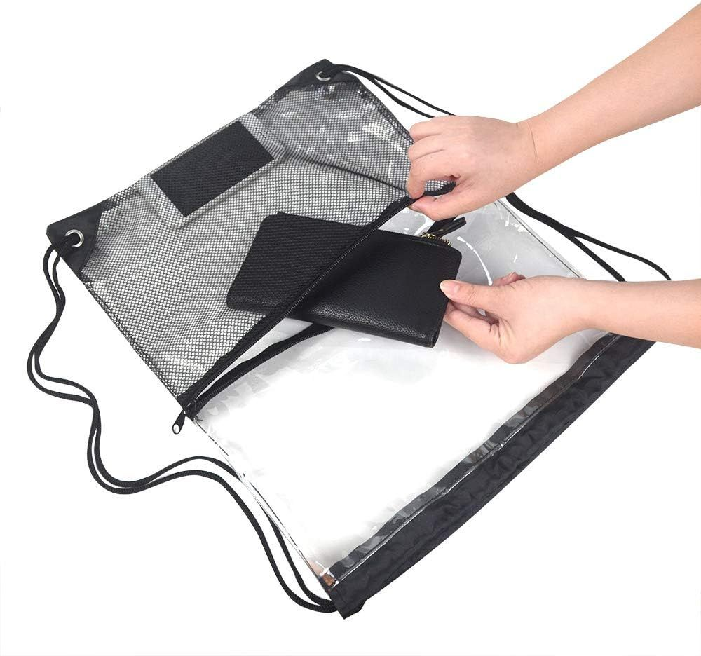 Clear Drawstring Bag, PVC Backpack with Front Zipper Mesh Black