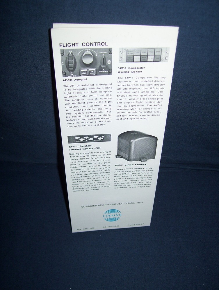Vintage Collins Flight Control Systems Guide Fold Out Brochure 1969