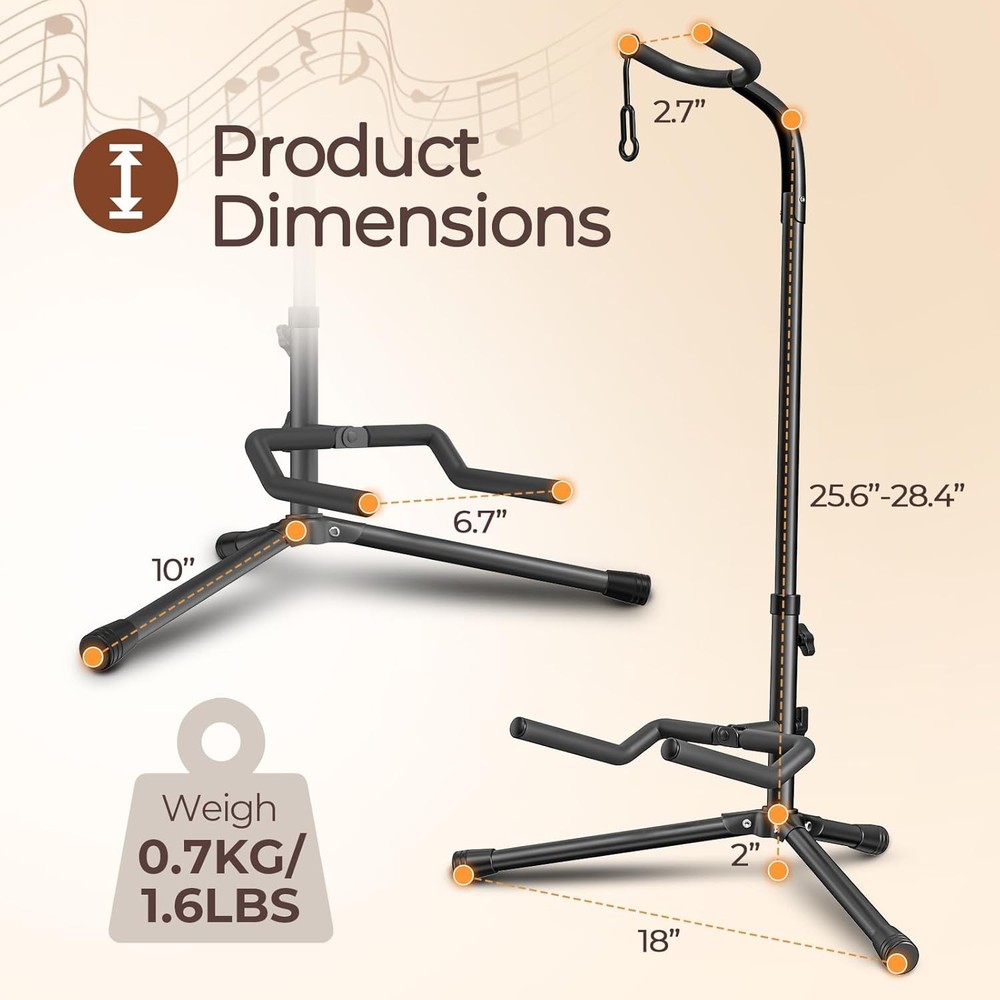 Adjustable folding guitar stand for various sizes.