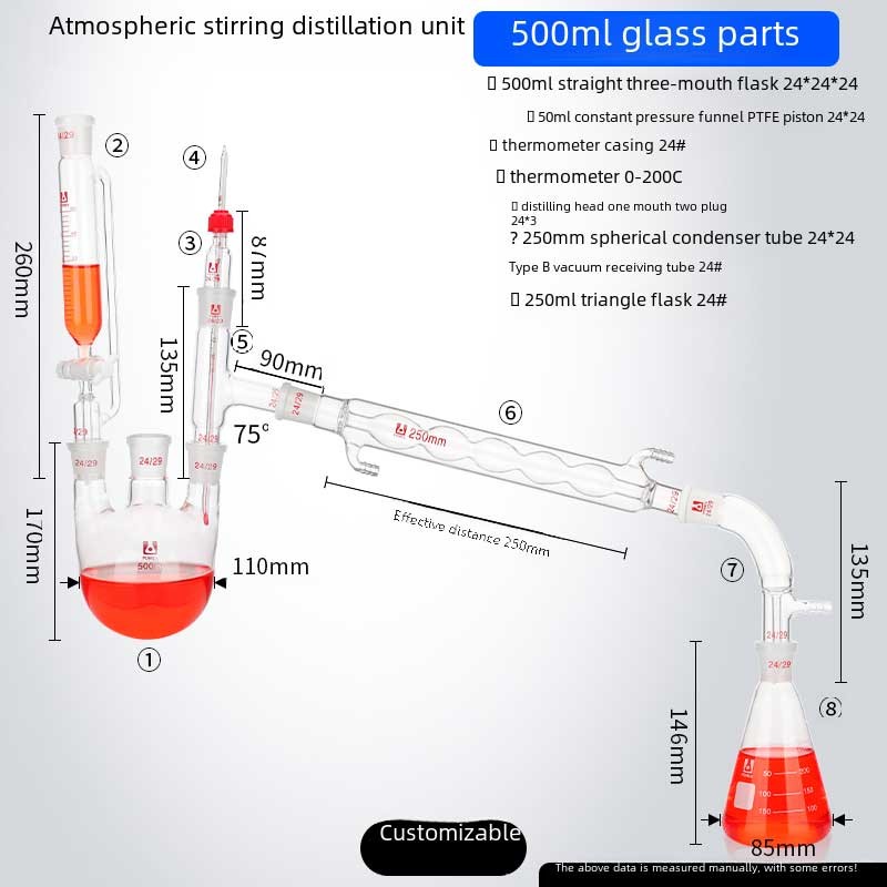 Complete Distillation Glassware Set: Flask, Condenser, Funnel - 500-2000ml