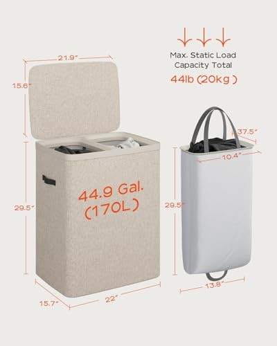 Laundry Basket with Lid, Laundry Hamper 2 Section, 170L 170L(2-Section) Beige