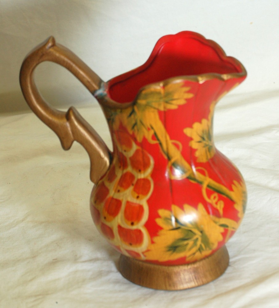 Ceramic Pitcher Jug Red Gold Grape Designs Decorative