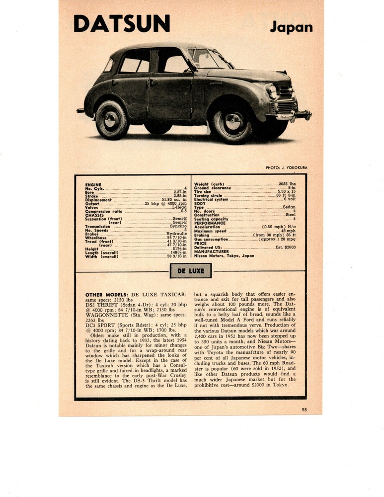 1954 DATSUN DE LUXE ~ ORIGINAL SMALLER SPECS ARTICLE / AD