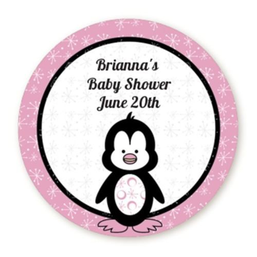 Penguin Pink - Round Personalized Baby Shower Sticker - 6 sizes
