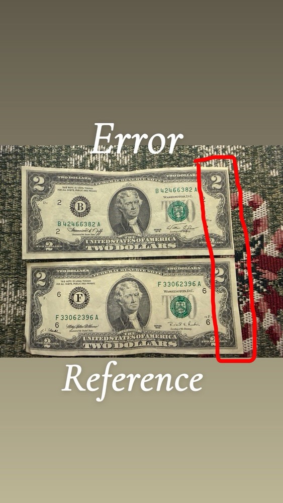 $2 BILL NOTE ERROR RARE - MISCUT 1976 SERIES