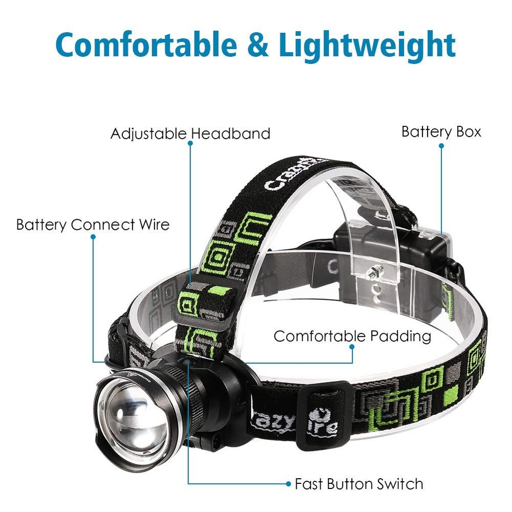 CrazyFire LED Headlamp, Super Bright Headlamp Headlight Flashlight, 3 Black