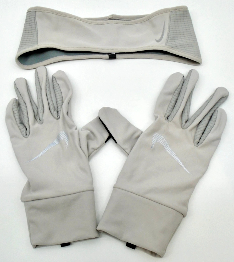 Nike Women's Essential Running Headband & Glove Set M/L LT Iron Ore/Silver