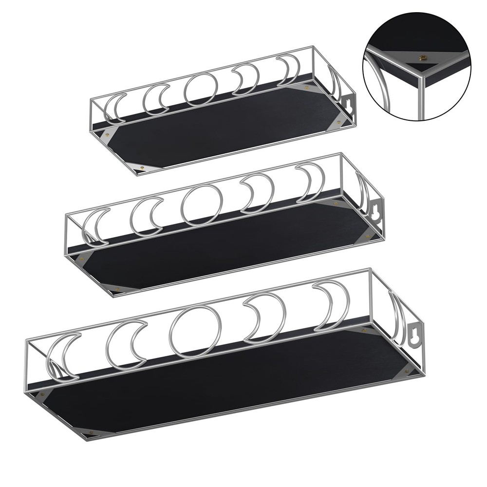 Moon Phase Small Floating Wall Shelves 3-Pack, Black Silver Decorative Display