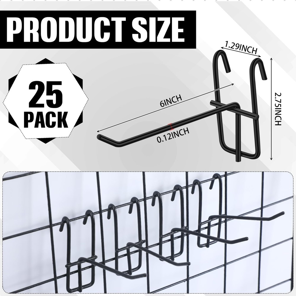 25 PCS 6 Inch Grid Wall Hooks Panel Store Garage Organizer Display Black