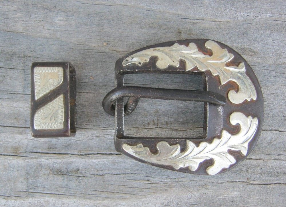 SCRIBNER Brown Iron Engraved Silver Buckle Set 5/8" 28786
