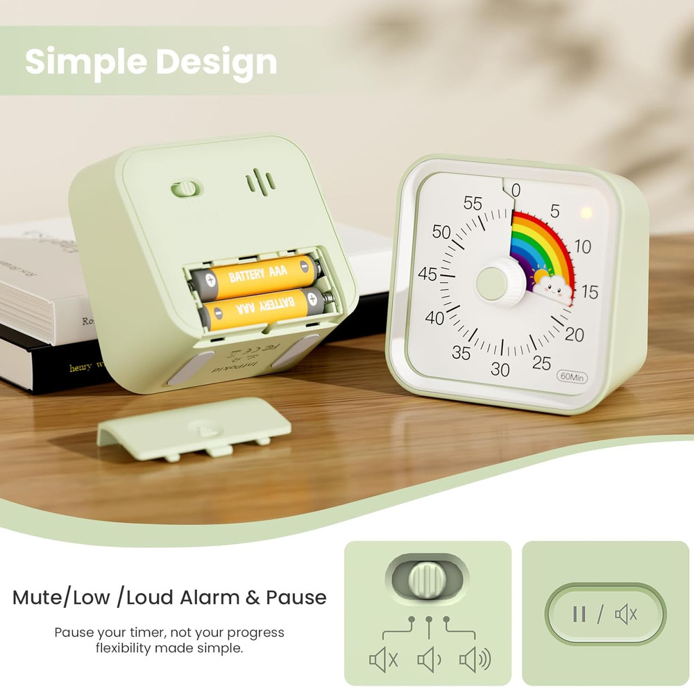 Visual Timer for Kids with Pause Function, Cute Silent Timer with Rainbow for Cl