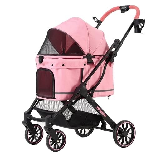 Foldable Dog Stroller for Small Medium Pets, 4-Wheel Shock Absorption, Adjustabl
