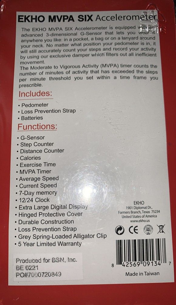 EKHO MVPA SIX Accelerometer/Pedometer