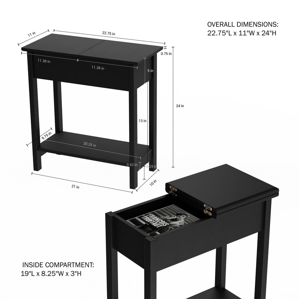 Narrow End Table W/ Storage Compartment & Shelf Black)