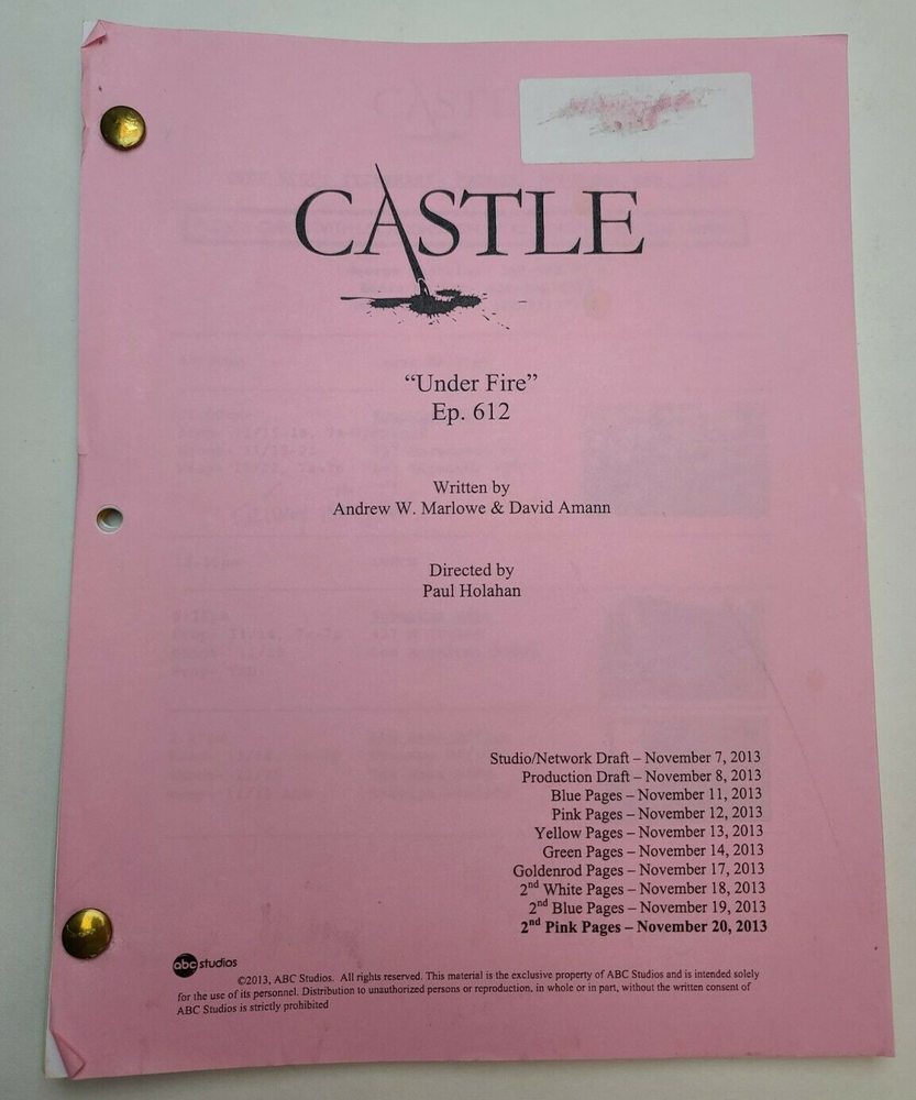 CASTLE / Andrew W. Marlowe TV Script, Nic Bishop & Wendy Davis "Under Fire"