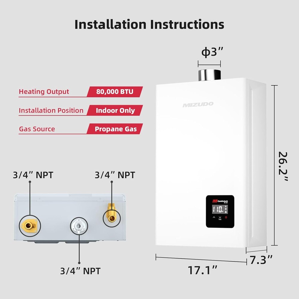 【99% NEW】Tankless Water Heater Propane Indoor Max 3.6 GPM 80,000 BTU Instant