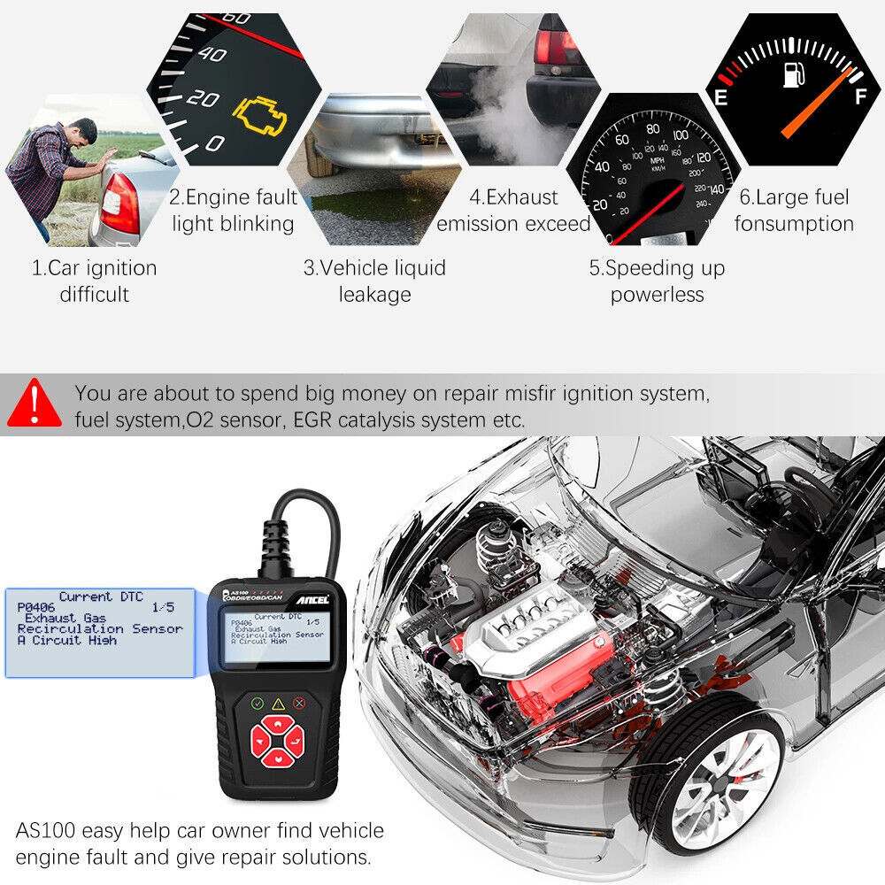 Ancel AS100 OBD2 Scanner Car Diagnostic Tool Erase Engine Fault OBD2 Code Reader