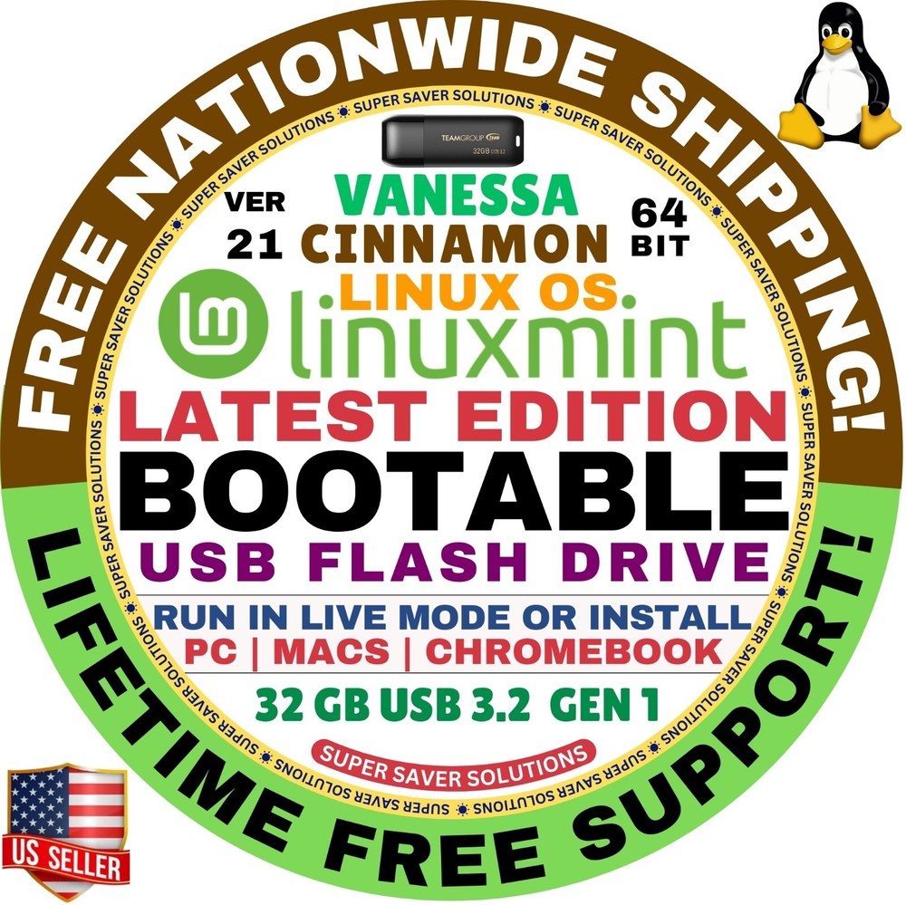 Linux MINT 21 USB VANESSA Cinnamon 64-Bit Live Boot, Full Install for MAC, PC