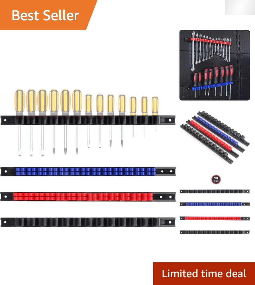Durable Wall-Mount Screwdriver and Wrench Organizer Set with Color-Coded Clips