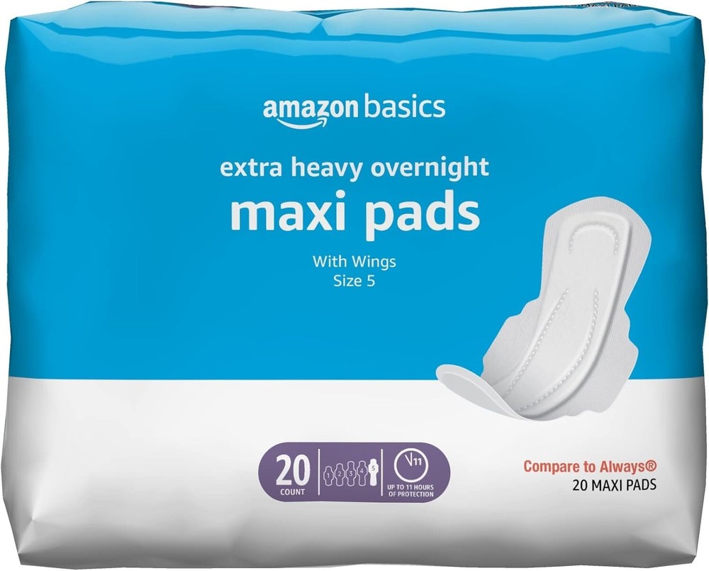 Amazon Basics Maxi Pads Size 5 20 Count Heavy Overnight Absorbency Unscented Win
