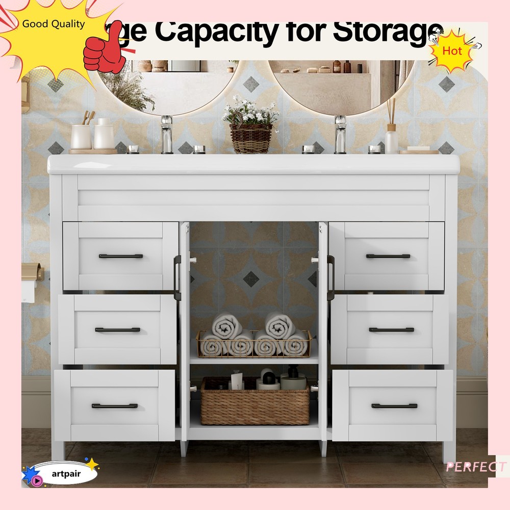 47" Bathroom Vanity Set & Double Ceramic Sinks Artificial Marble Countertop , US