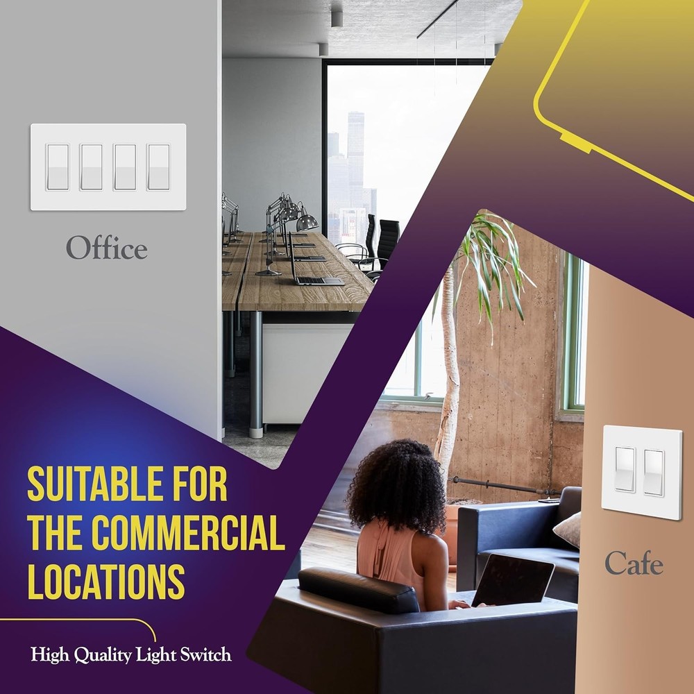 Decorator Paddle Rocker Light Switch, Gloss Finish, Single Pole, 3 Wire