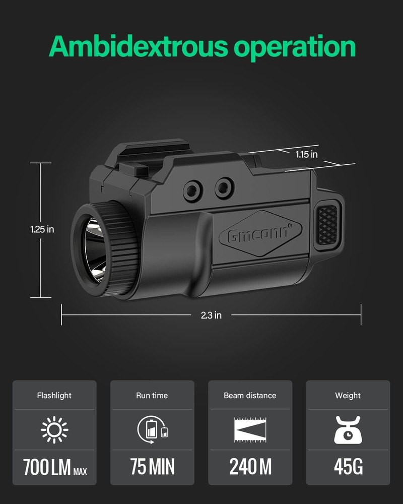 Gmconn 700 Lumen Pistol Light, Compact Adjustable Rail Mounted Flashlight Mini W