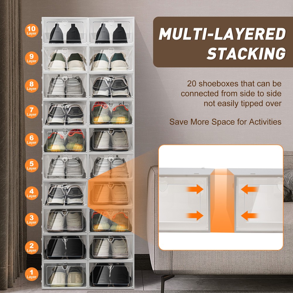 20pcs Stackable Shoe Storage Box Durable Plastic Sneaker Display Case Organizer