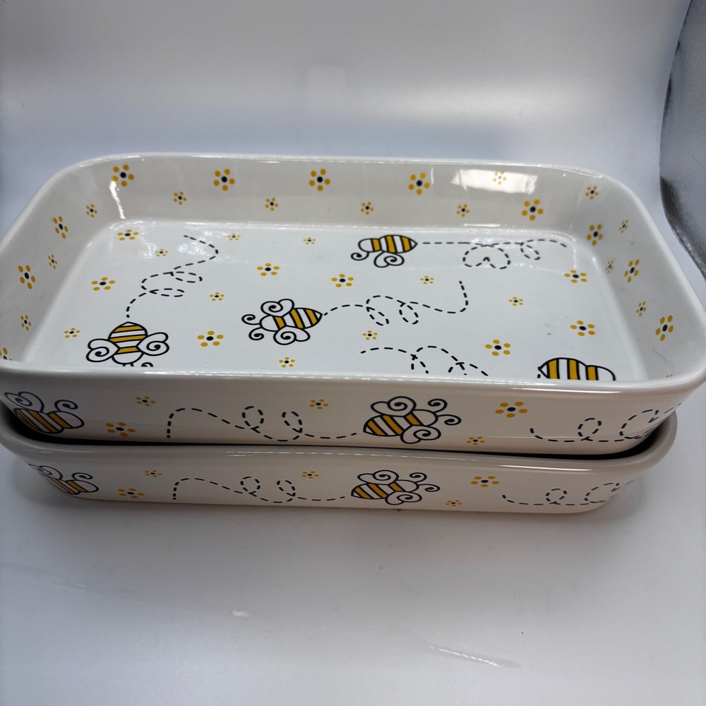 Temp-tations Bee Baking Dish Set 2 Rectangular Casserole 0.75 Qt Oven Safe