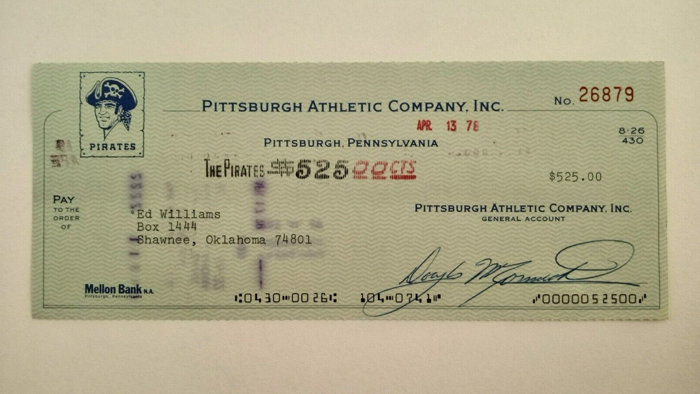 Ed Williams: 1978 Pittsburgh Pirates Expense Check
