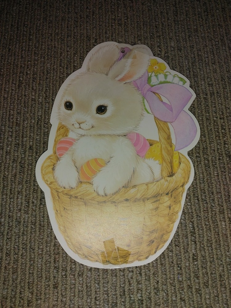 Vintage Eureka Diecut Spring Easter Bunny in Basket Two Sided 7.5" x 12"