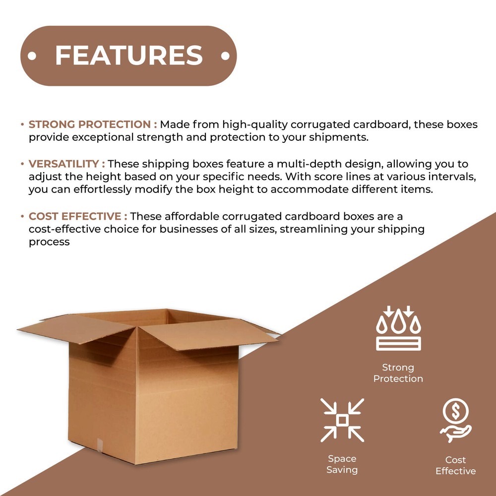 14 x 14 x 14" Multi-Depth Corrugated Boxes, Brown 25/Bundle ECT-32