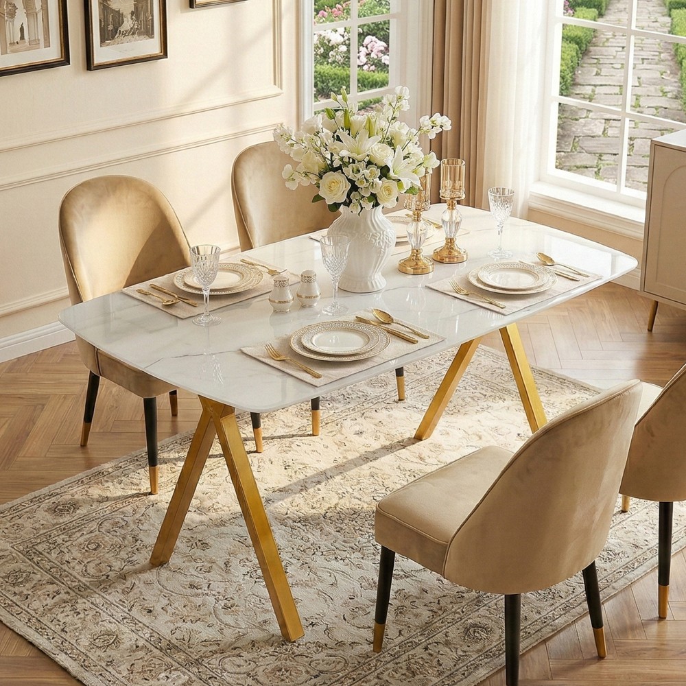 Rectangular dining table featuring a tempered glass tabletop a marble-patterne