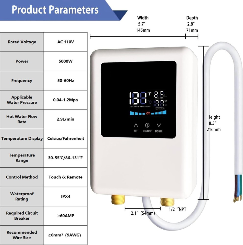 Calentador de agua eléctrico sin tanque de 110 V, 5000 W, calentador de agua ins