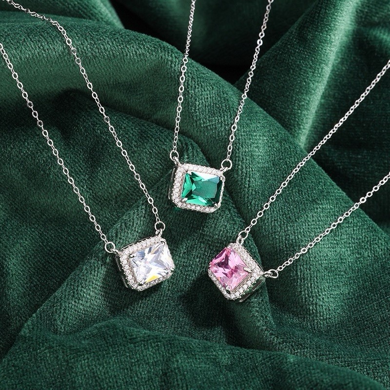 925 Silver Square Green Gemstone Necklace