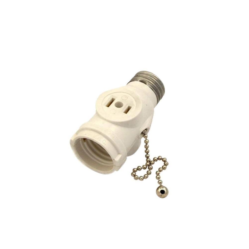 2-Outlet White Socket with Pull Chain – Durable Light Socket Adapter 1406-W