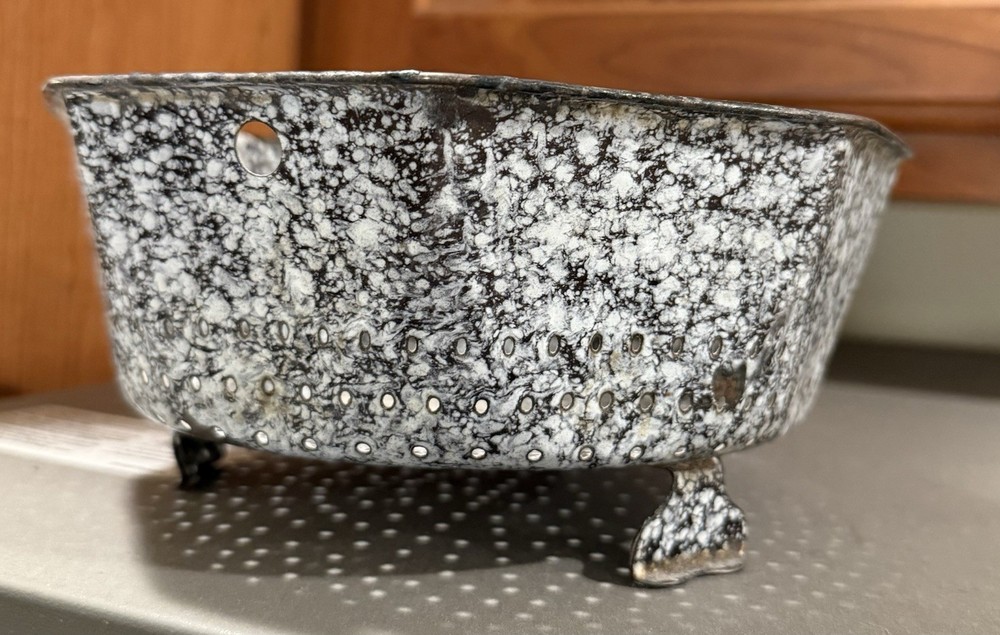 Vintage Small Enamelware Colander - Black and White - Octagonal