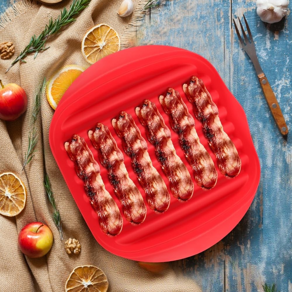 Microwave Bacon Tray with Splatter Lid, Bacons Rack, Easy Red
