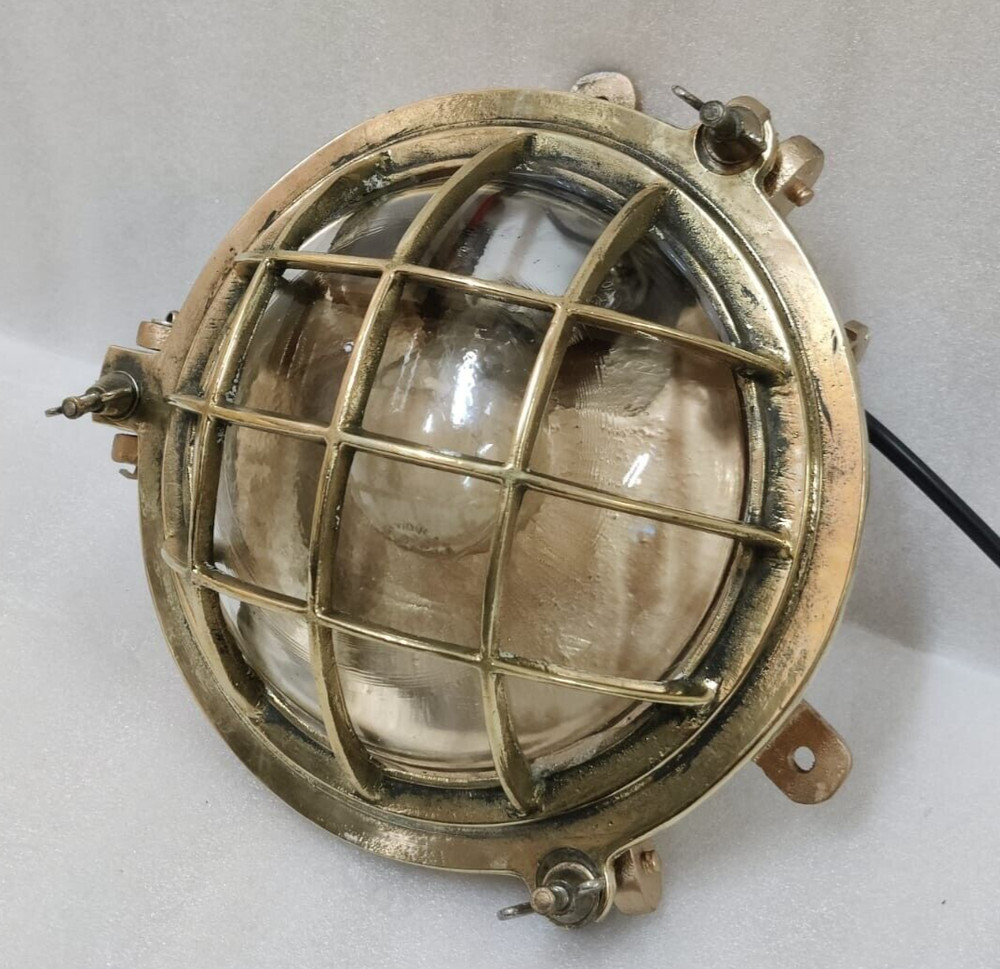 Vintage original Brass Cage&Iron Base Bulkhead passageway Light 2PC.