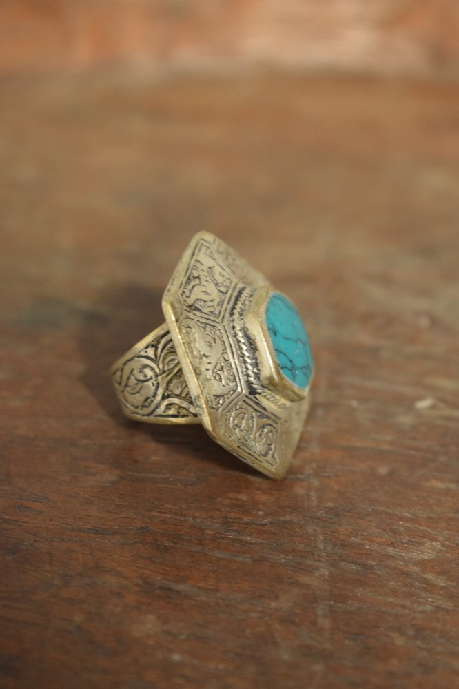 Ring Silver Turquoise Etched Octagon Etched Silver Turquoise Ring