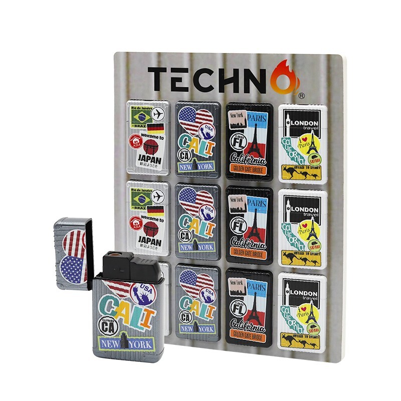 Techno Flip Top Single Torch Lighters 12 Ct Display Assorted Designs