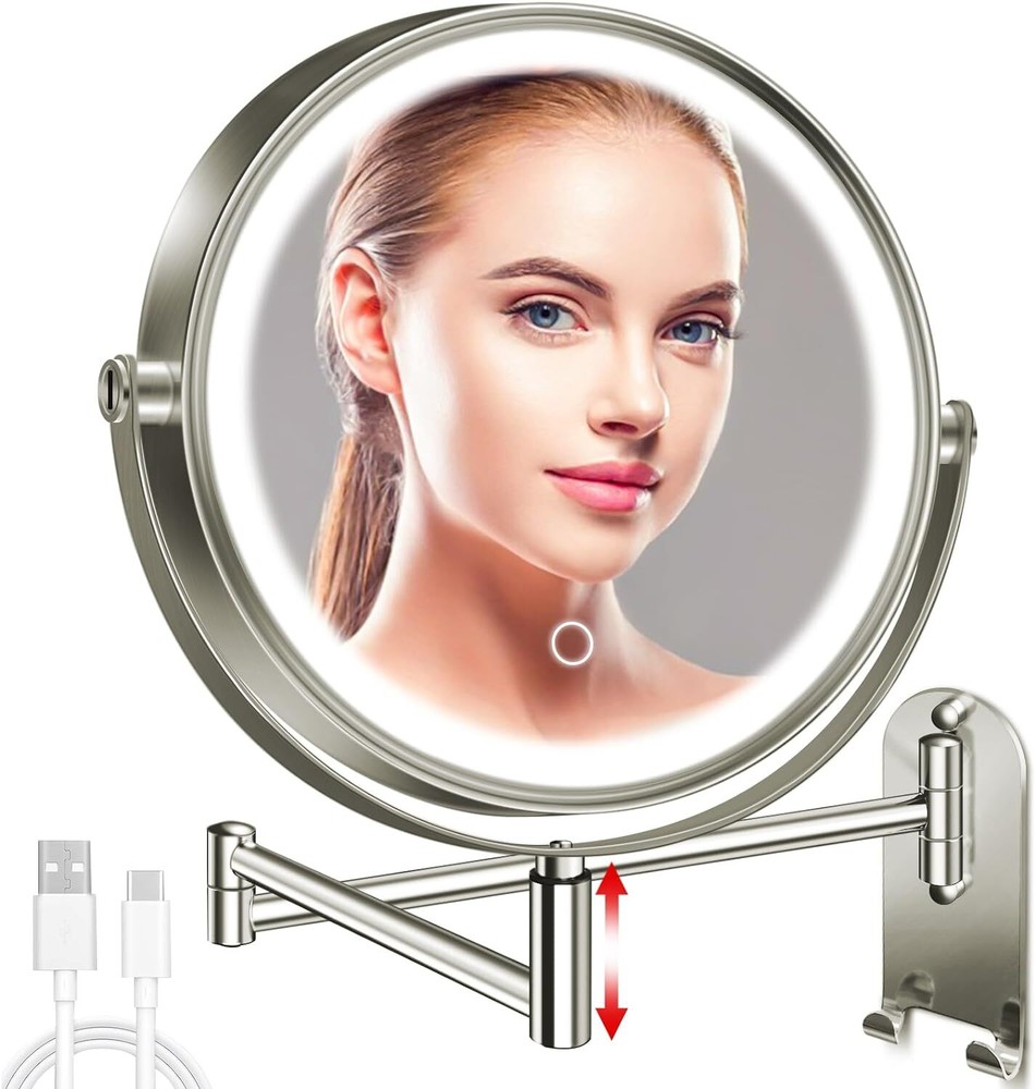 9" Wall Mounted Lighted Makeup Mirror, 3000mAh Rechargeable Double Sided