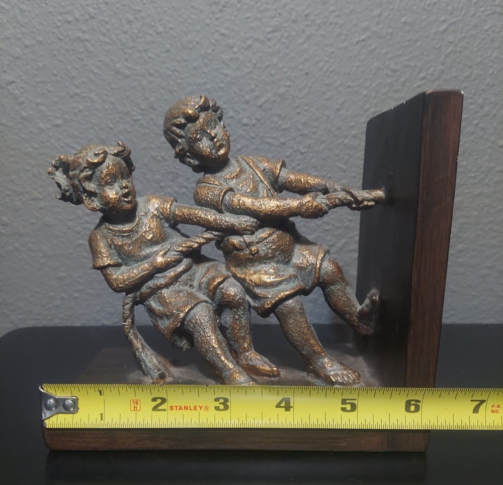 Vintage Bronze Toned Bookend Children Pulling Rope