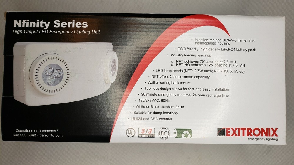 Exitronix NFT-HO-B-G2 High Output LED Emergency Light, Battery Backup, Black,NEW