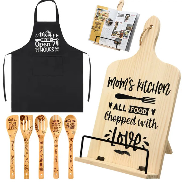 Bamboo 7 piece Kitchen Gift Set for MOM w/cutting board, apron, & utensils