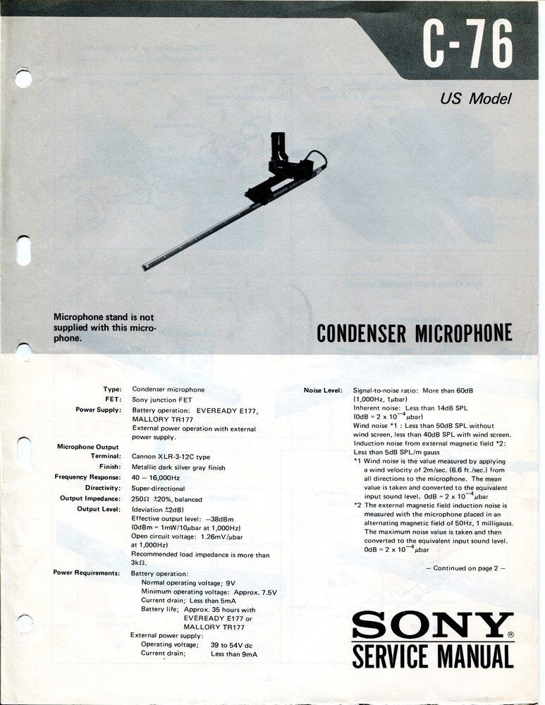 VINTAGE SONY SERVICE MANUAL CONDENSOR MICROPHONE C- 76