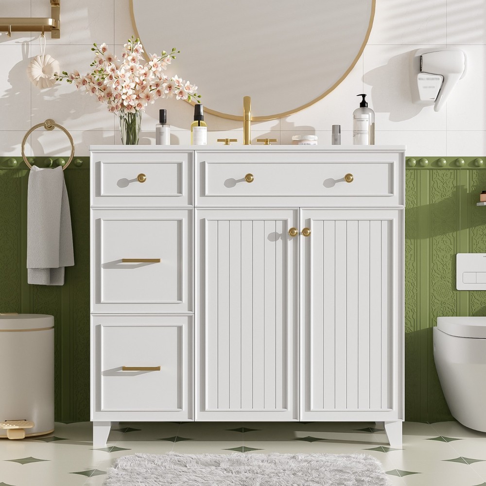 36" Vanity: Ceramic Sink, Drawers, Soft-Close Doors, Adjustable Shelves