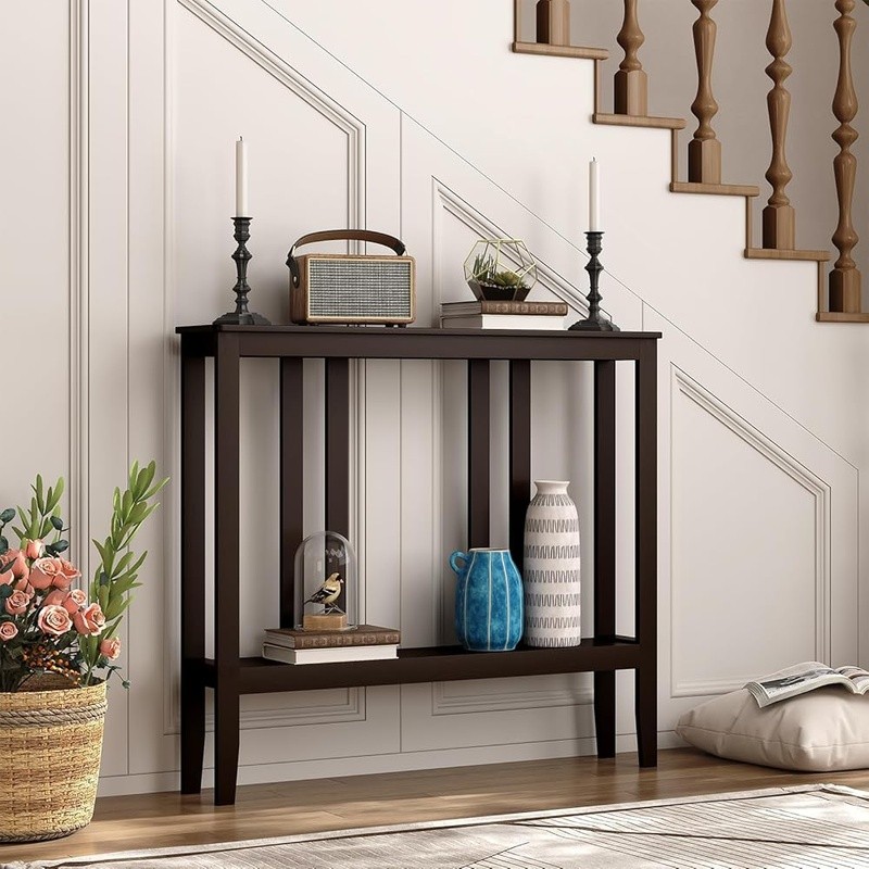 Compact Bamboo Hallway Table 2-Tier Storage Console Entryway Space Saver New