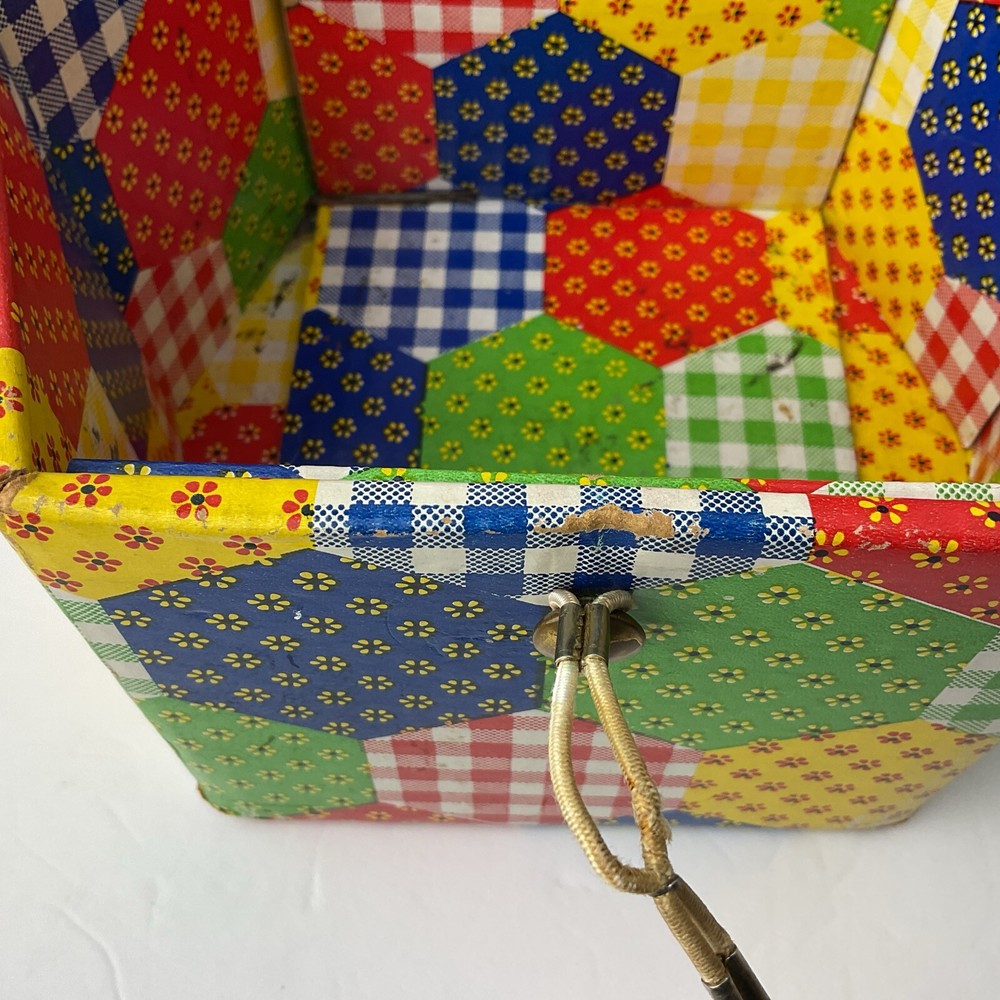 Patchwork Print Sewing Box with Tray Vintage 70s Hexagon Shape Storage