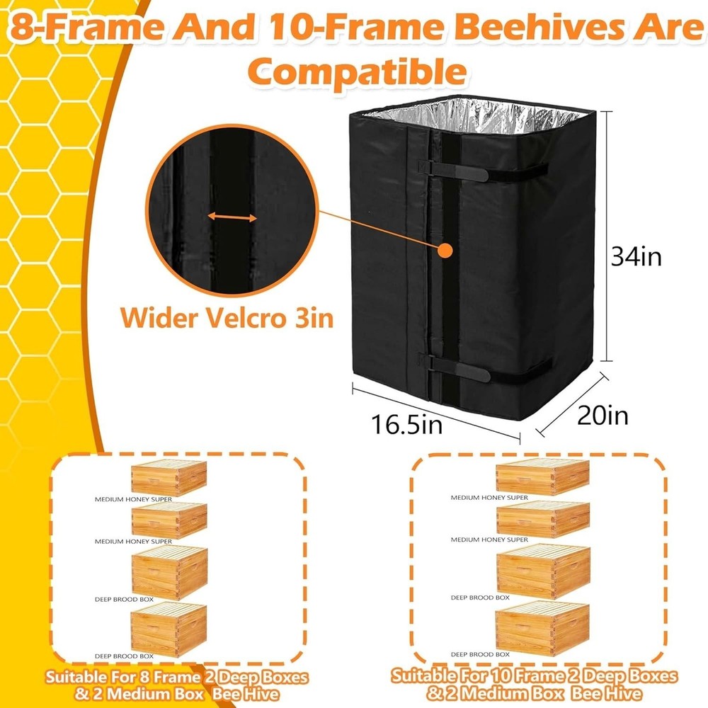 Bee Hive Wrap For 10 & 8 Frame Beehives, 2 Deep Boxes & 2 Medium Box Adjustable